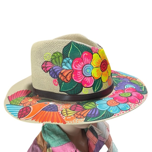 Hand Painted Floral Boho Wide Brim Hat | Colorful Artisan Festival Hat - Picture 3 of 7